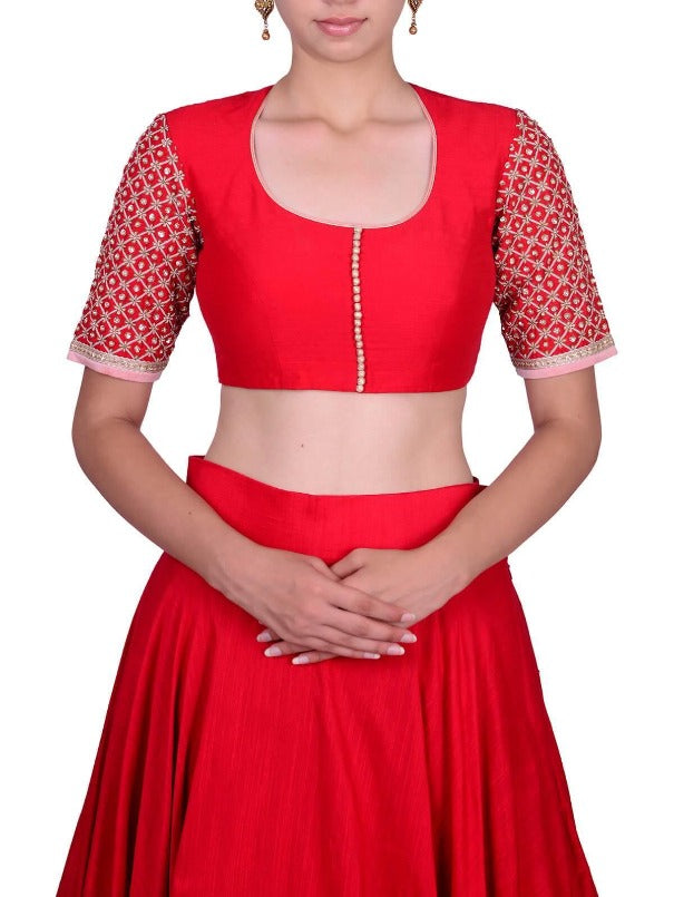 Red Tussar Sequin Embellished and Embroidered Front-Open Blouse at Soch